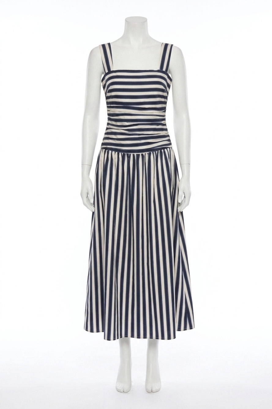 NEW LUCY PARIS georgie gathered midi dress in navy stripe
